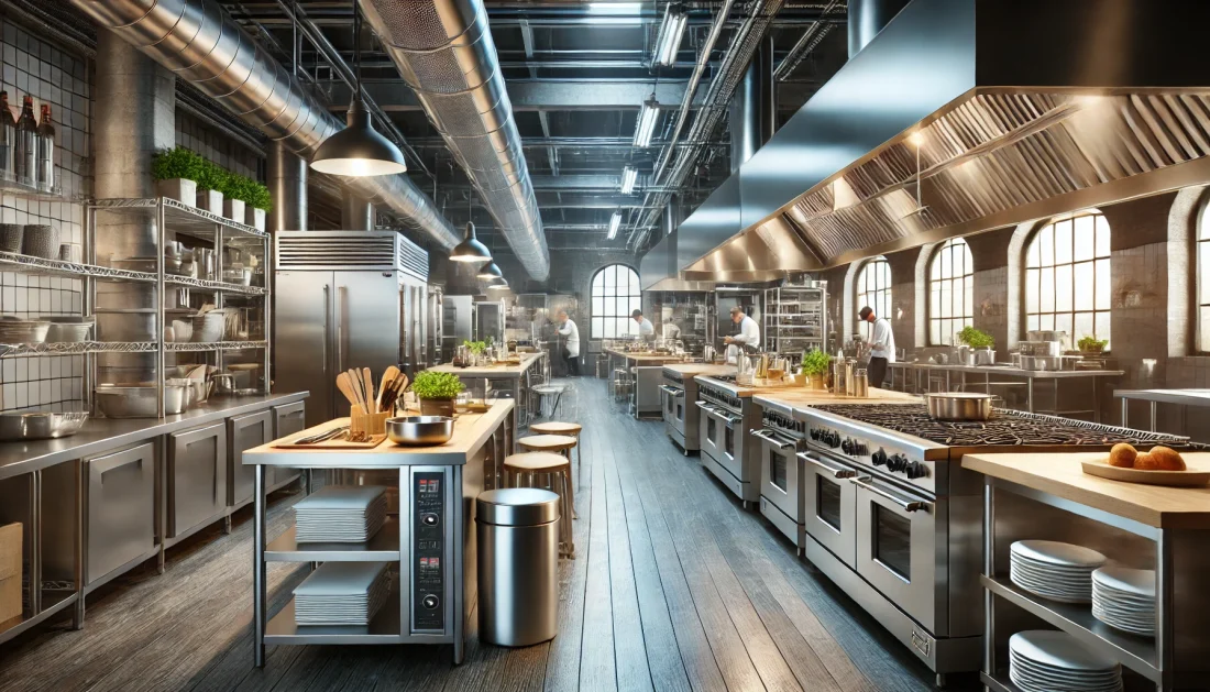 a large commercial kitchen with stainless steel appliances
