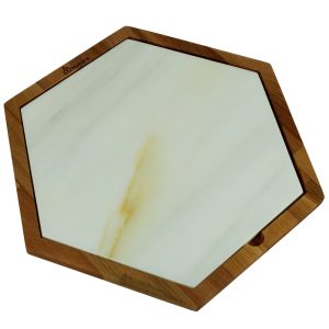 Kuvarz Altıgen Ahşap ve Mermer Sunum Tablası Kayın 39x35cm