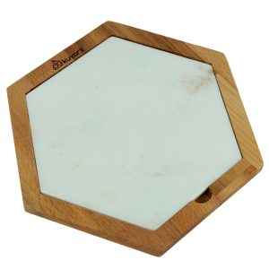 Kuvarz Altıgen Ahşap ve Mermer Sunum Tablası Kayın 27x23cm