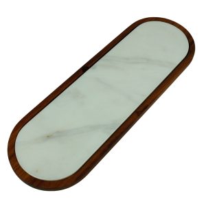 Kuvarz Dikdörtgen Ahşap ve Mermer Düzenleme Sunum Tablası Iroko 60x20cm