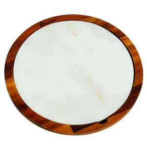 Kuvarz Daire Ahşap ve Mermer Sunum Tablası Iroko 30cm