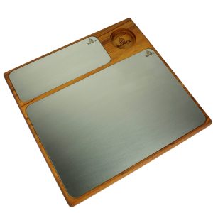 Kuvarz Dikdörtgen Ahşap ve Çelik Sunum Tablası Iroko 38x37cm